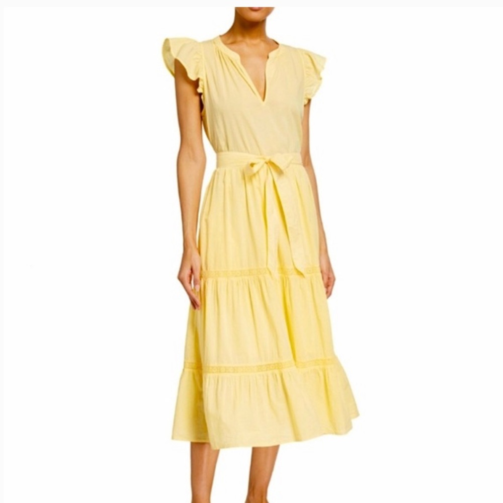 Magaschoni Sunny lemon yellow Tiered flutter sleeve Midi Dress  cotton XS